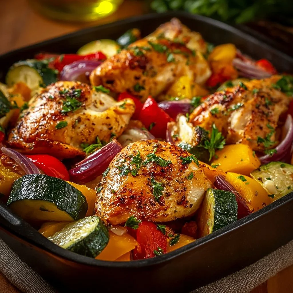 Gericht Hähnchen mit Paprika, Zucchini, Zwiebeln und Feta im Ofen lecker zubereitet