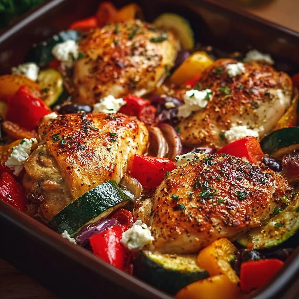 Hähnchen mit Paprika, Zucchini, Zwiebeln und Feta im Ofen