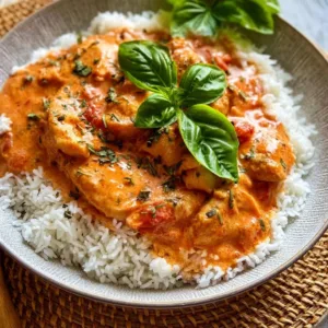 Hähnchen mit Reis und frischer Tomatensoße auf einem Teller serviert