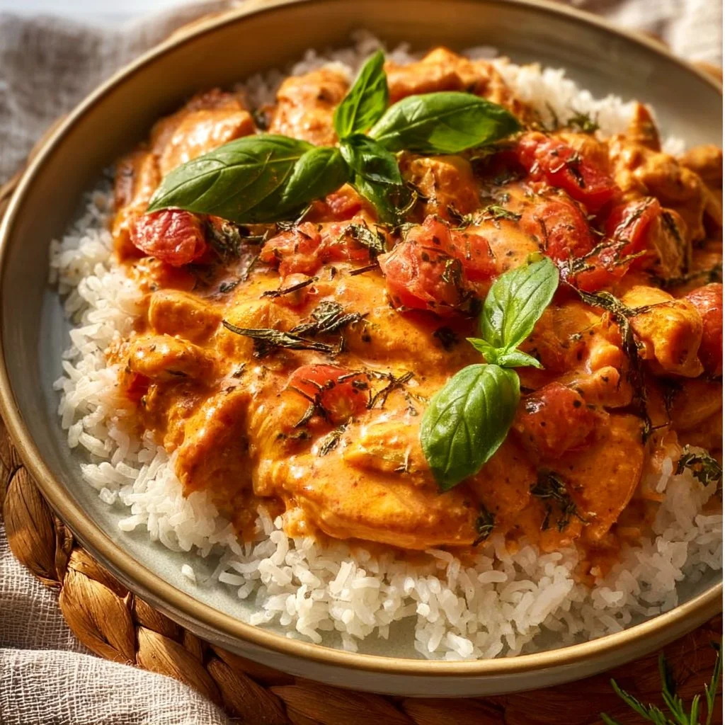 Hähnchen mit Reis und Tomatensoße auf einem Teller serviert