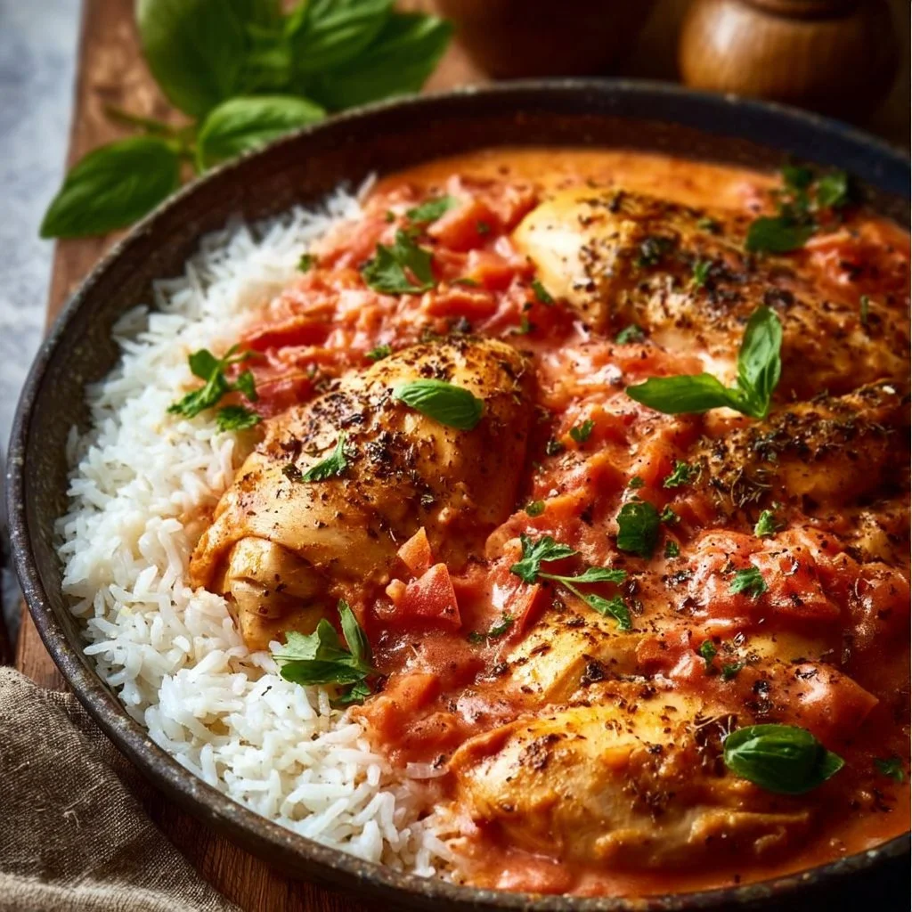 Hähnchen mit Reis und Tomatensoße