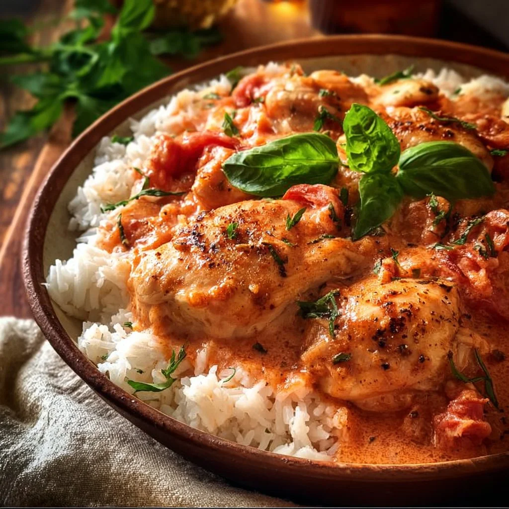 Hähnchen mit Reis und Tomatensoße