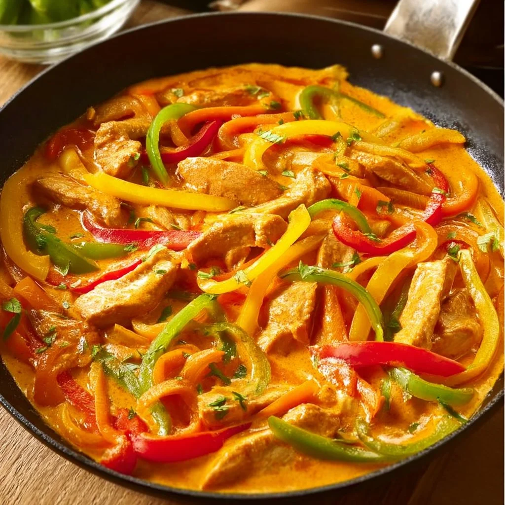 Hähnchen-Paprika-Pfanne mit Parmesan-Frischkäsesoße auf einem Teller angerichtet