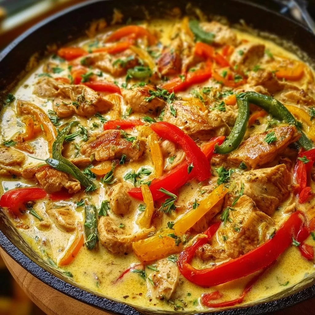 Hähnchen-Paprika-Pfanne mit Parmesan-Frischkäsesoße