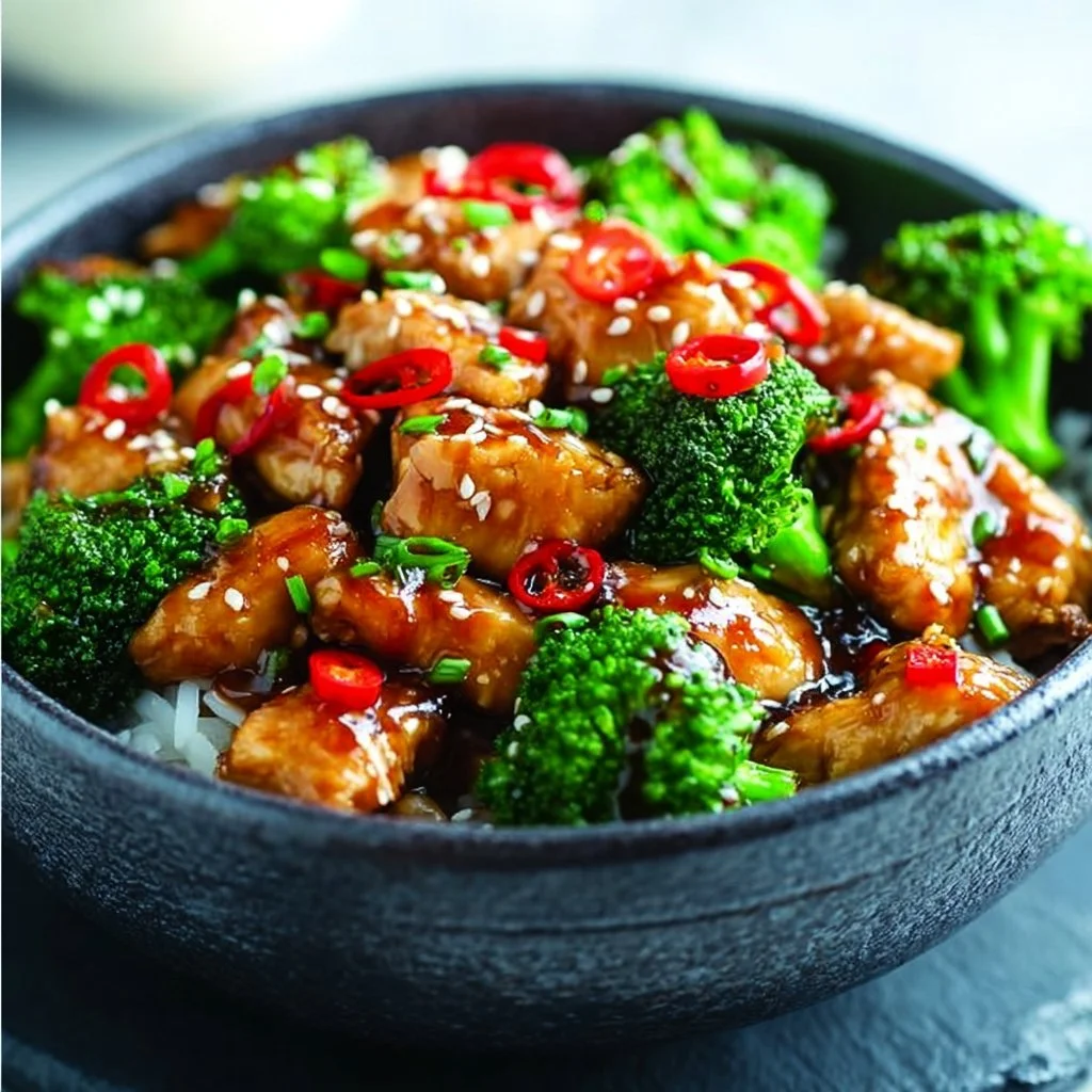 Hähnchen-Teriyaki mit Brokkoli und Reis auf einem Teller serviert.