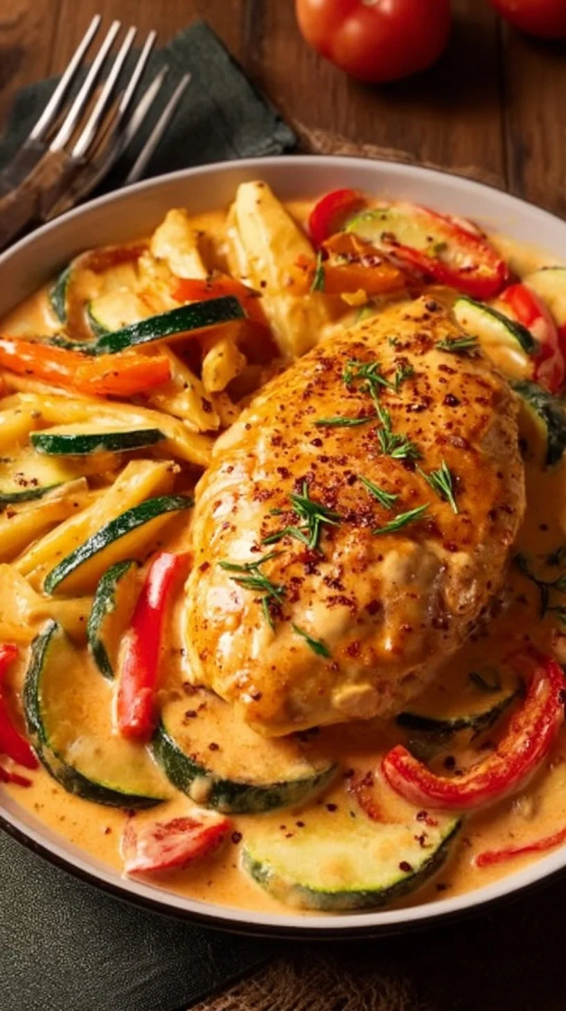 Hähnchenbrust in cremiger Frischkäsesoße mit Paprika und Zucchini