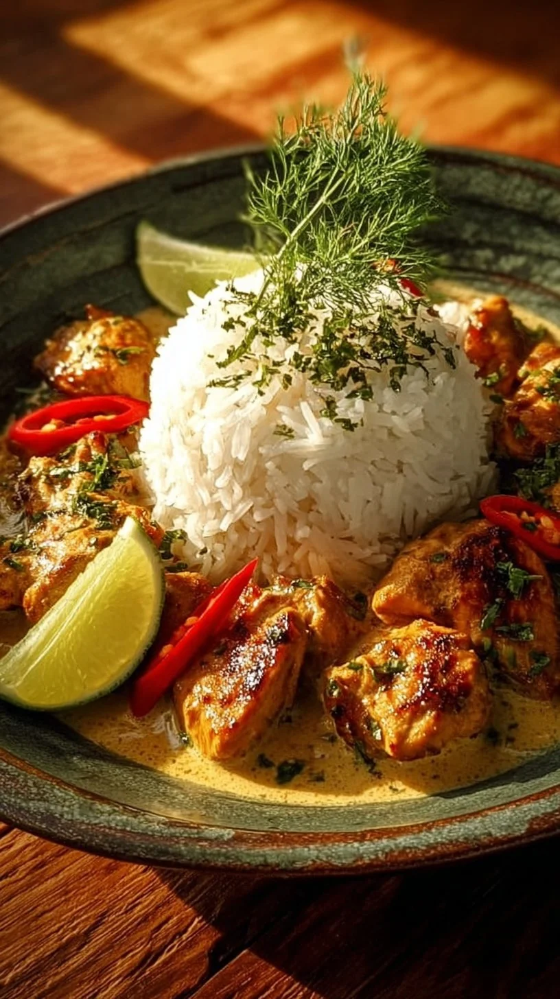 Hähnchenbrust in cremiger Kokos-Limetten-Sauce auf einem Teller serviert