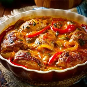 Hähnchenbrust in cremiger Soße mit Paprika und Champignons auf einem Teller