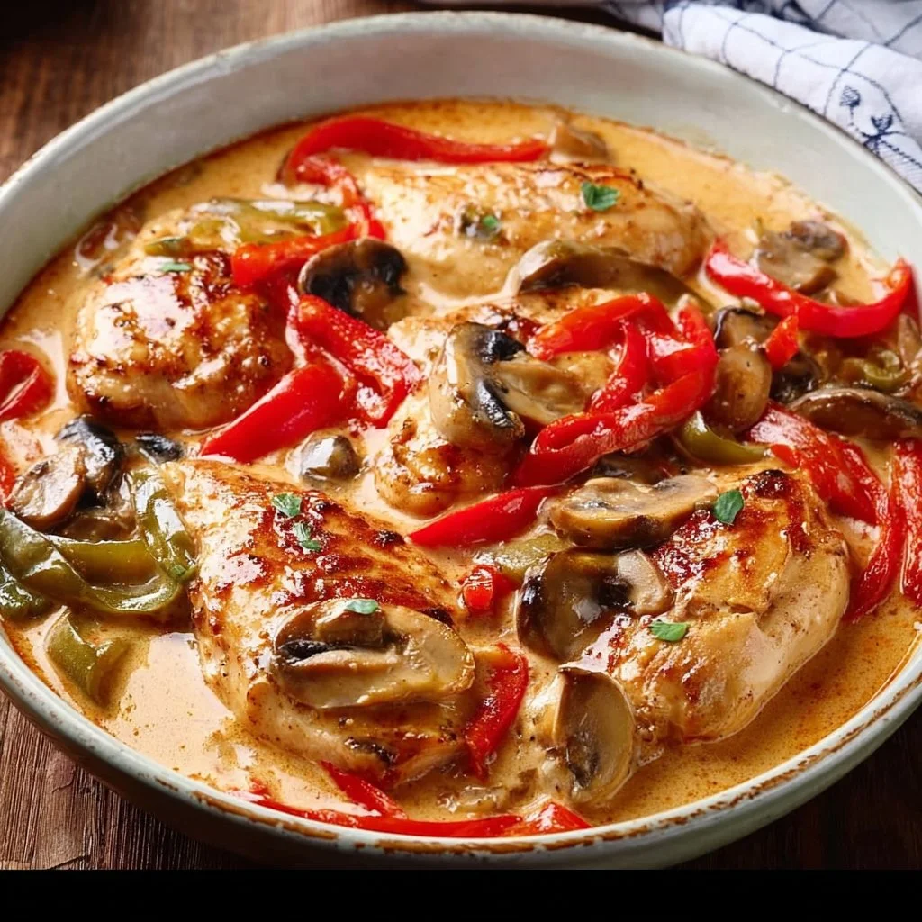 Hähnchenbrust in cremiger Soße mit Paprika und Champignons