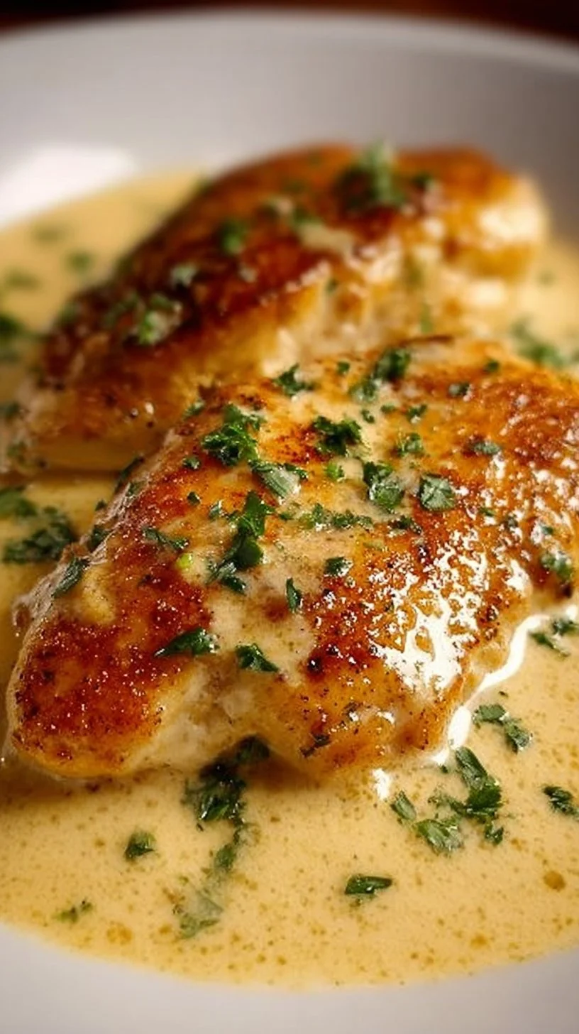 Hähnchenfilet in cremiger Frischkäse-Parmesan-Soße serviert auf einem Teller