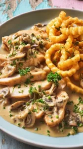 Hähnchengeschnetzeltes mit Spätzle in cremiger Apfel-Champignon-Soße Servieren