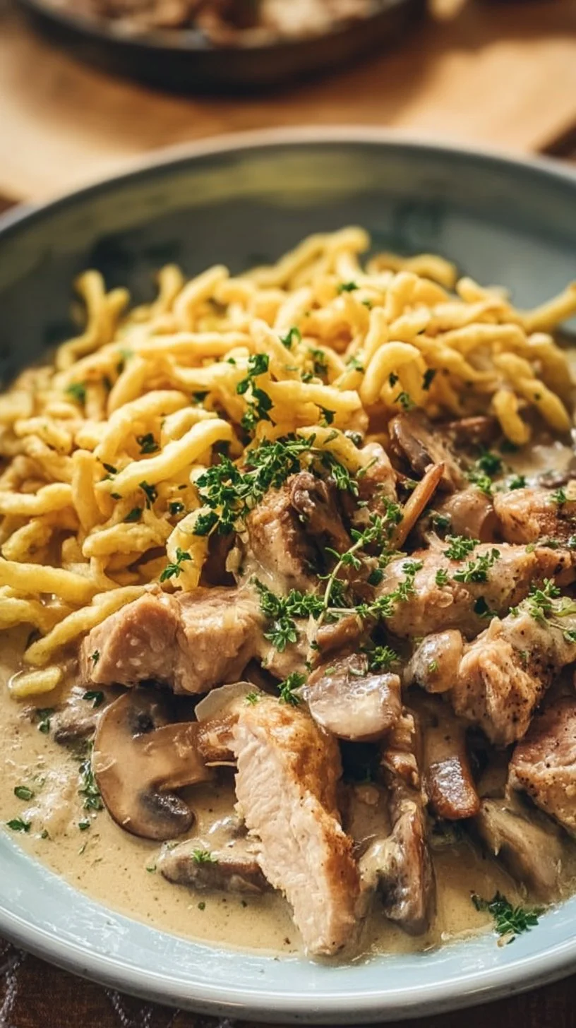 Hähnchengeschnetzeltes mit Spätzle in cremiger Apfel-Champignon-Soße