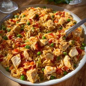 Hähnchenreis mit frischem Gemüse serviert auf einem Teller