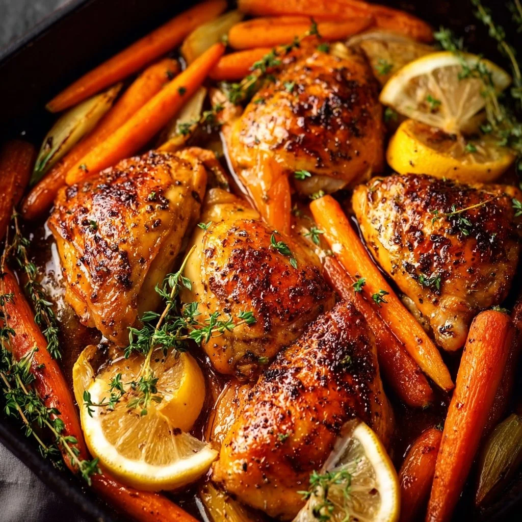 Honig-Thymian-Hühnchen mit Karotten auf einem Teller serviert