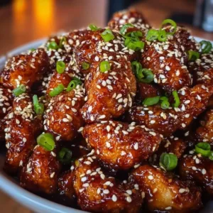 Leckeres Honig-Sesam-Hähnchen auf einem Teller angerichtet.