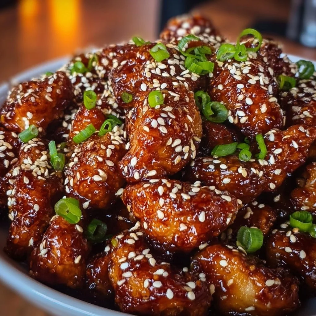 Leckeres Honig-Sesam-Hähnchen auf einem Teller angerichtet.