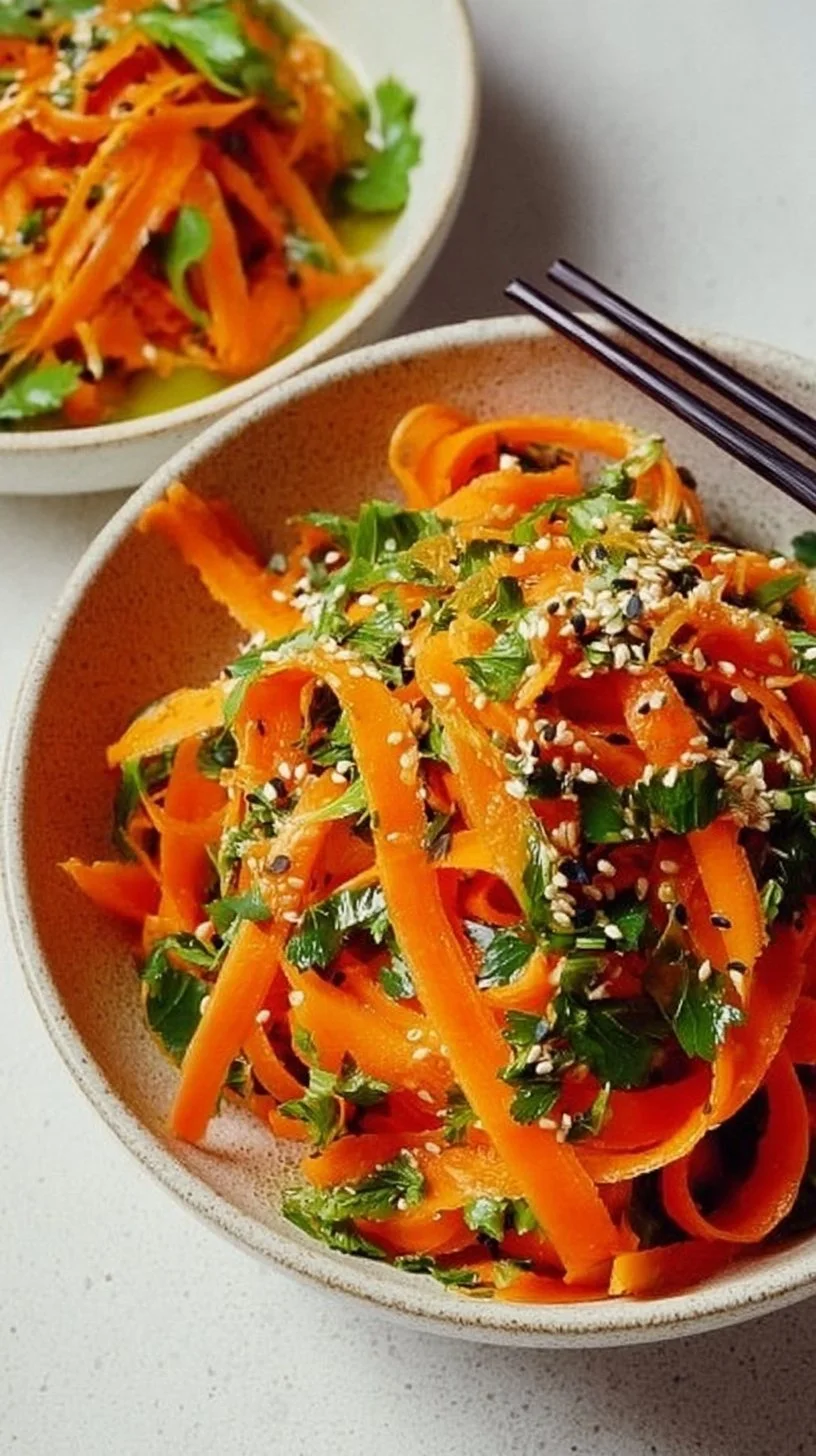 Karottensalat mit Ingwer-Sesam-Dressing auf einem Teller