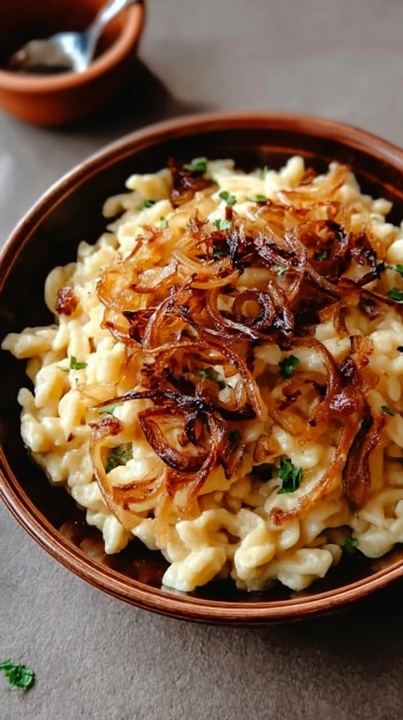 Hausgemachte Käsespätzle mit Käse und Zwiebeln auf einem Teller serviert