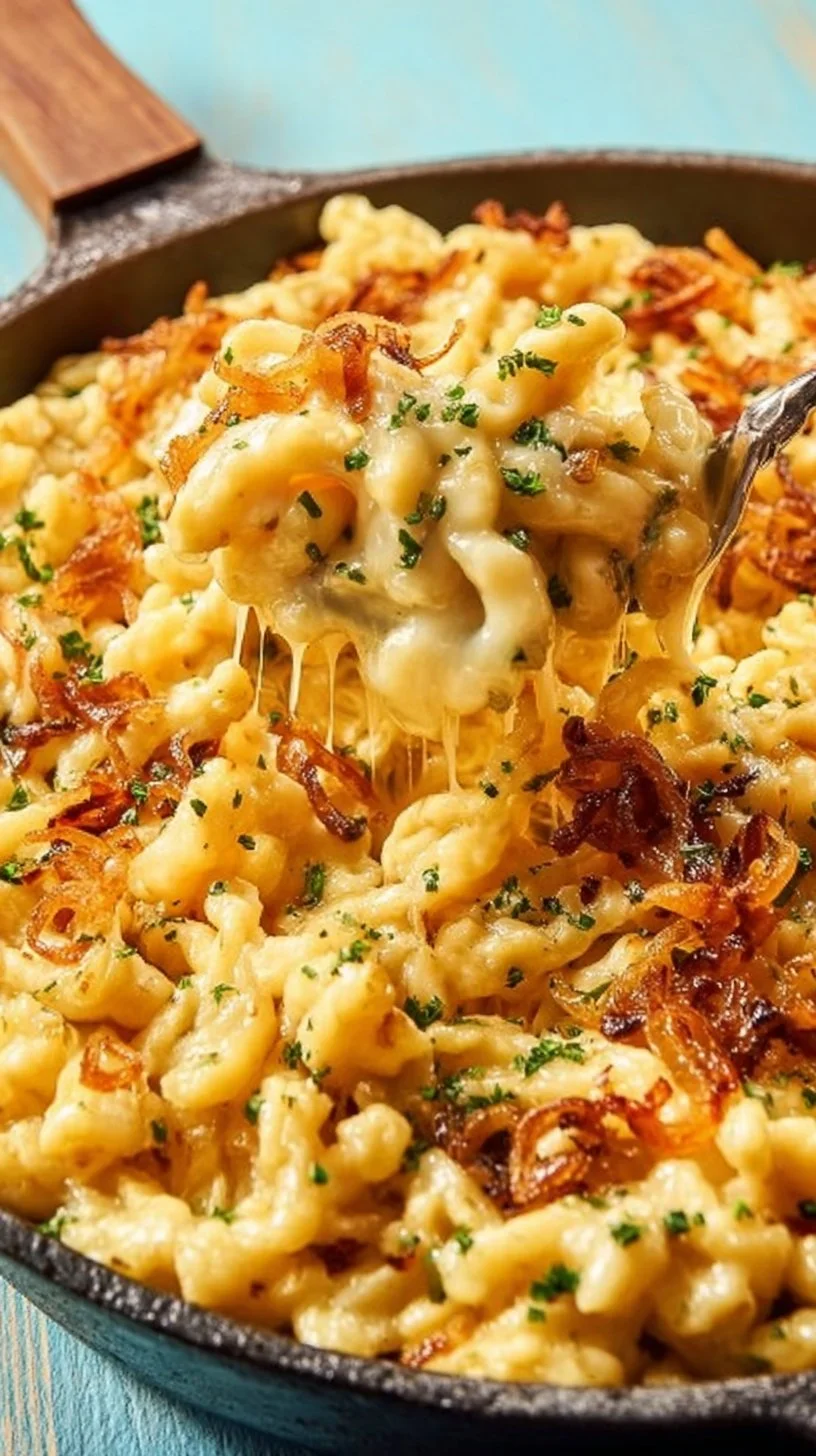 Hausgemachte Käsespätzle mit Käse und Zwiebeln