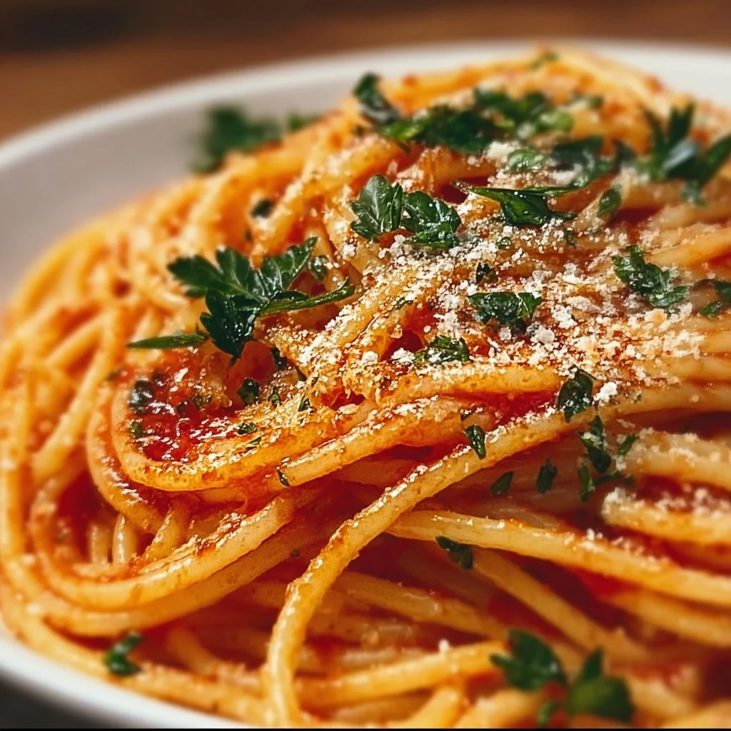 Schüssel mit Knoblauch-Parmesan-Nudeln, garniert mit frischem Parmesan.
