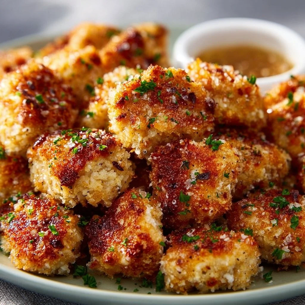 Knusprige Airfryer-Knoblauch-Parmesan-Hähnchenbites auf einem Teller serviert