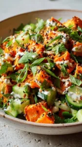 Knusprige Süßkartoffelwürfel mit cremigem Dressing auf einem weißen Teller