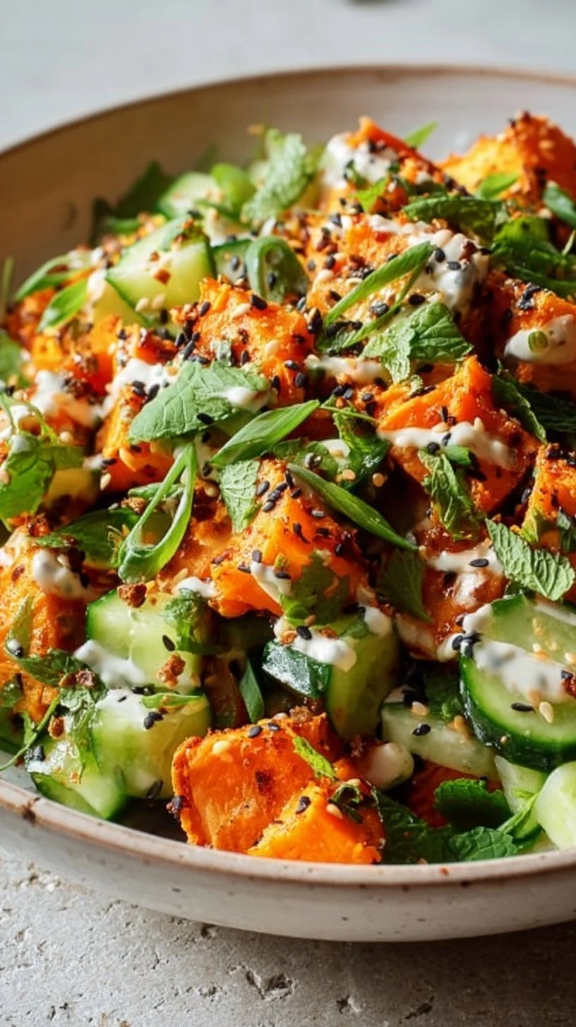 Knusprige Süßkartoffelwürfel mit cremigem Dressing auf einem weißen Teller