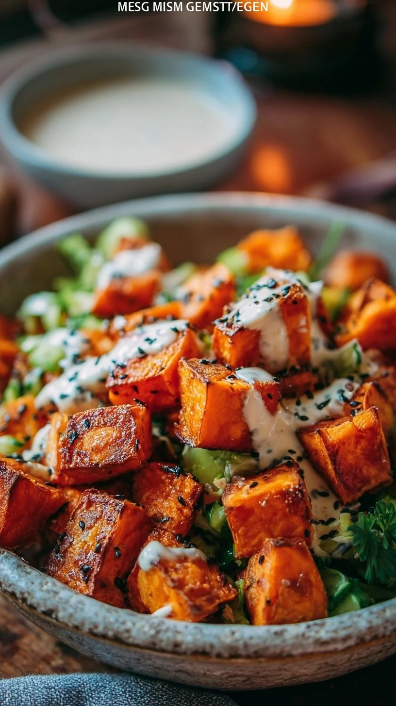 Knusprige Süßkartoffelwürfel mit cremigem Dressing
