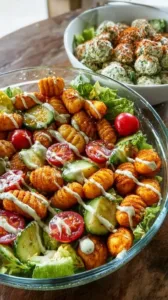 Knuspriger Gnocchi-Salat mit cremigem Joghurt-Dressing auf einem Teller.
