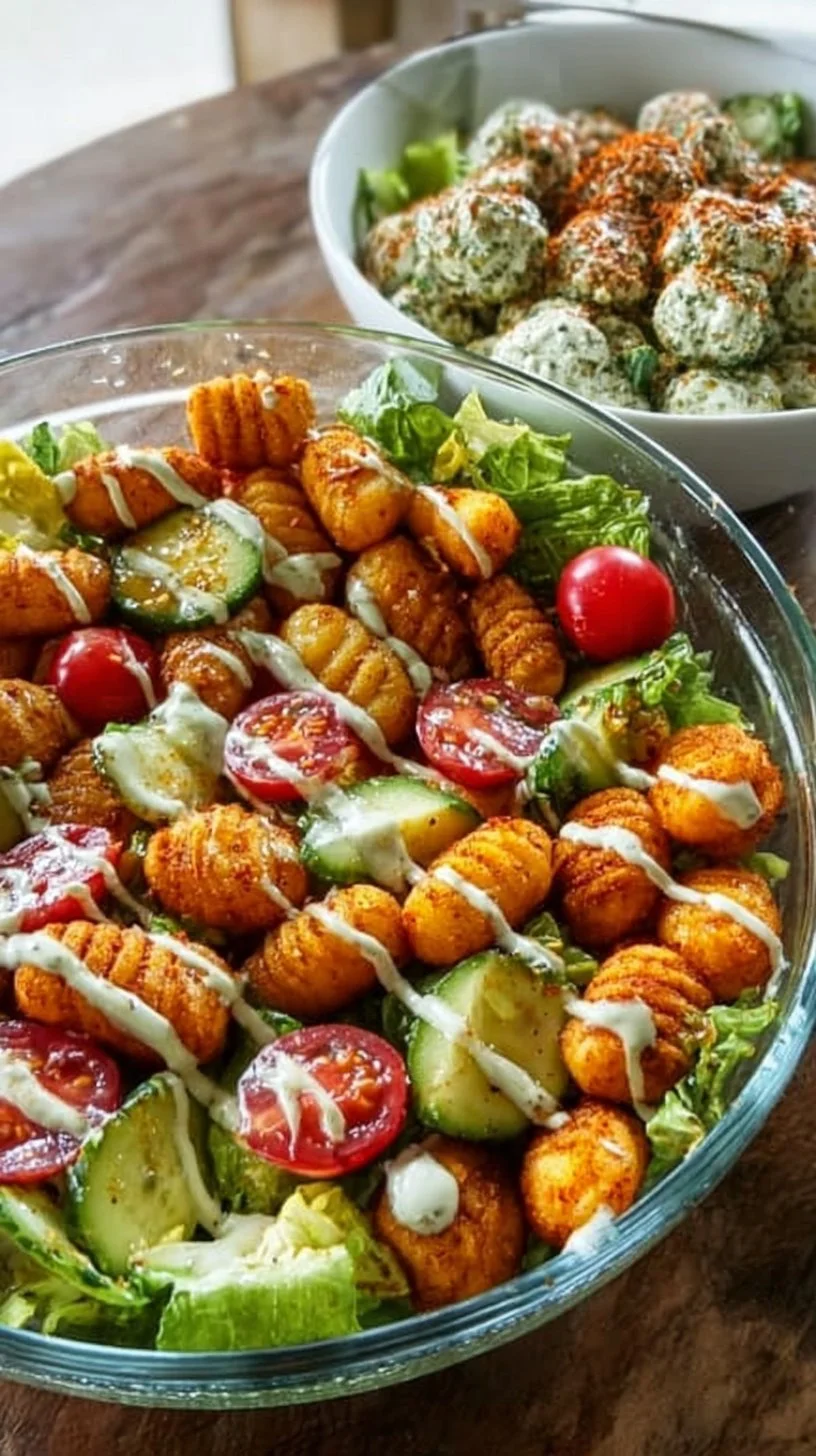 Knuspriger Gnocchi-Salat mit cremigem Joghurt-Dressing auf einem Teller.