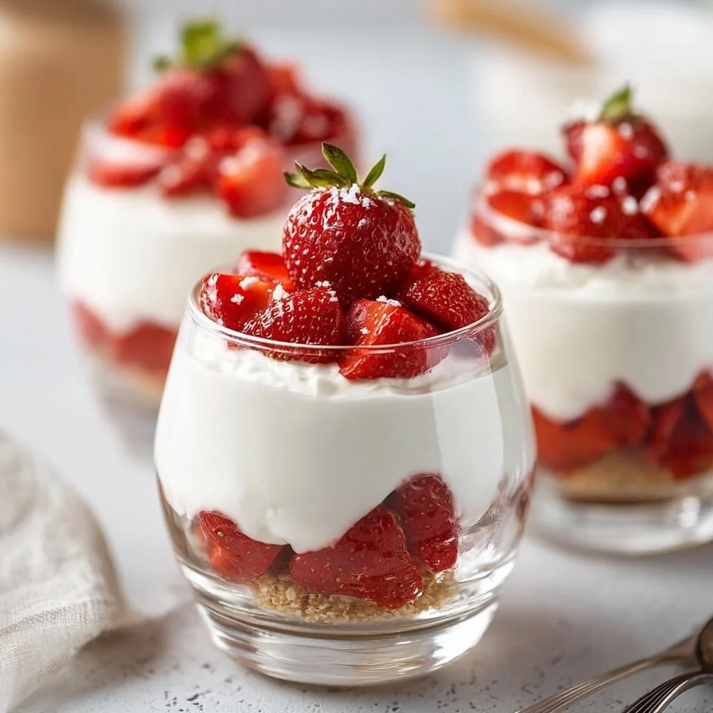 Leichtes Erdbeer-Dessert mit Joghurt auf einem Teller serviert