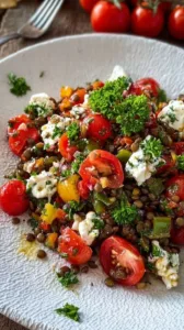 Linsensalat mit Feta in einer Schüssel, zubereitet in 15 Minuten