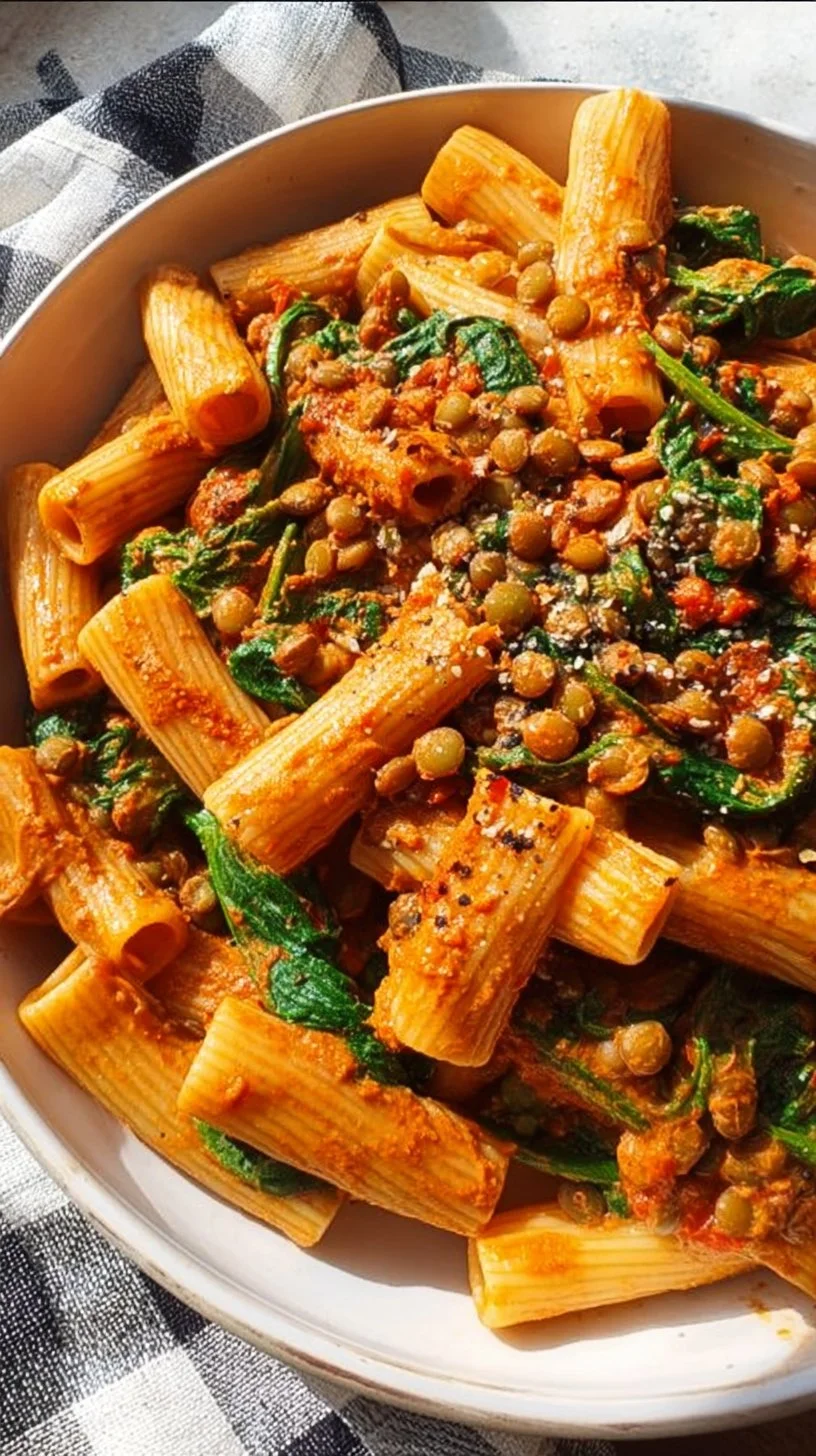 Schüssel mit Linsen-Tahini-Pasta, reich an Nährstoffen und Geschmack.