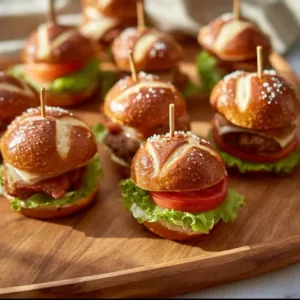 Mini-Laugen-Burger mit Leberkäse appetitlich angerichtet