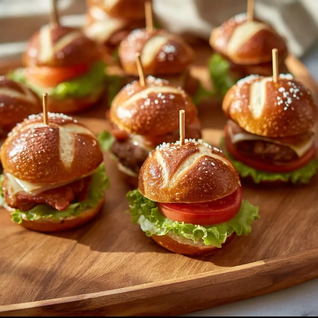 Mini-Laugen-Burger mit Leberkäse appetitlich angerichtet