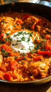 Köstliches Paprika-Hähnchen mit Reis in einer Pfanne serviert