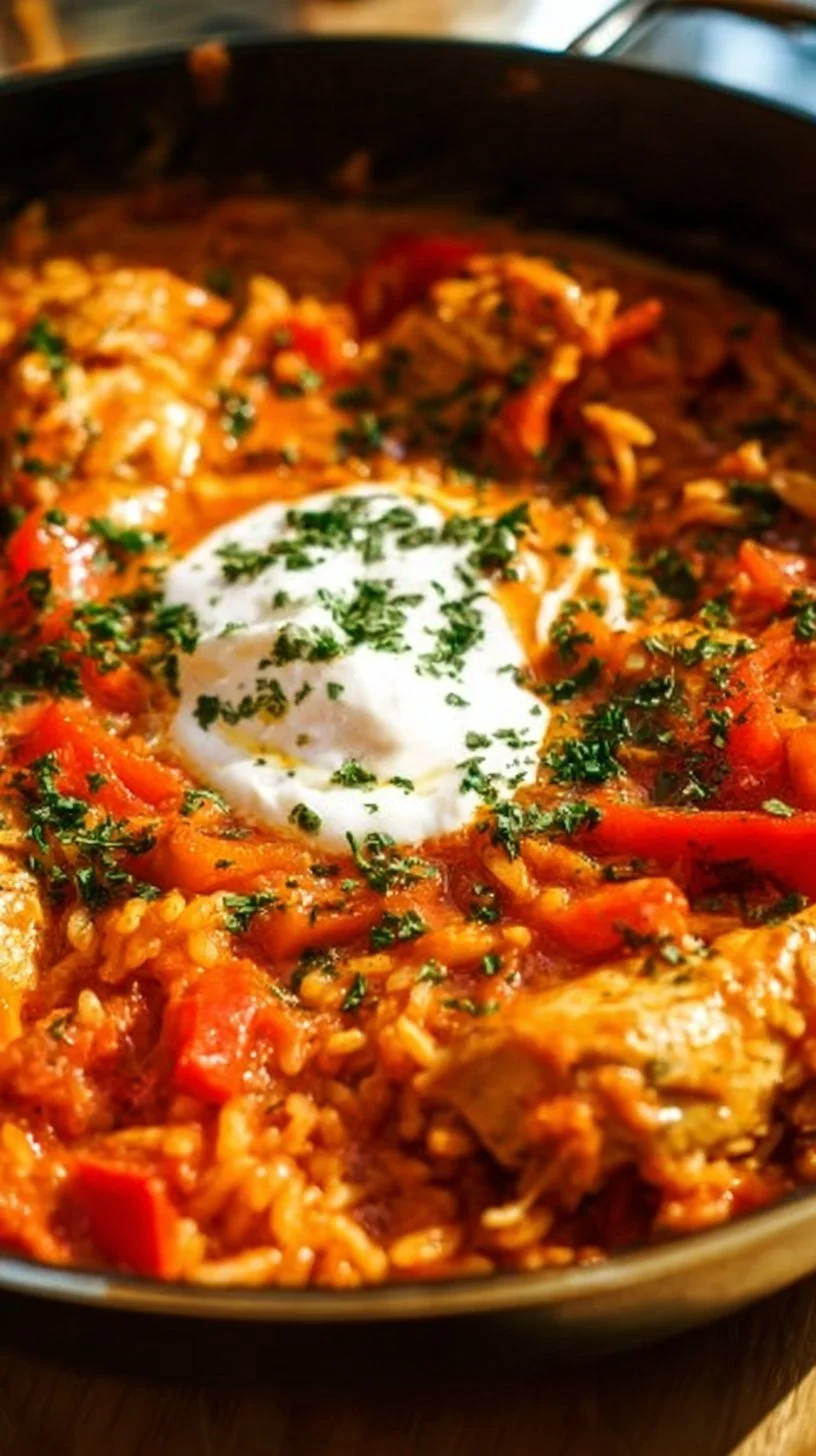 Köstliches Paprika-Hähnchen mit Reis in einer Pfanne serviert