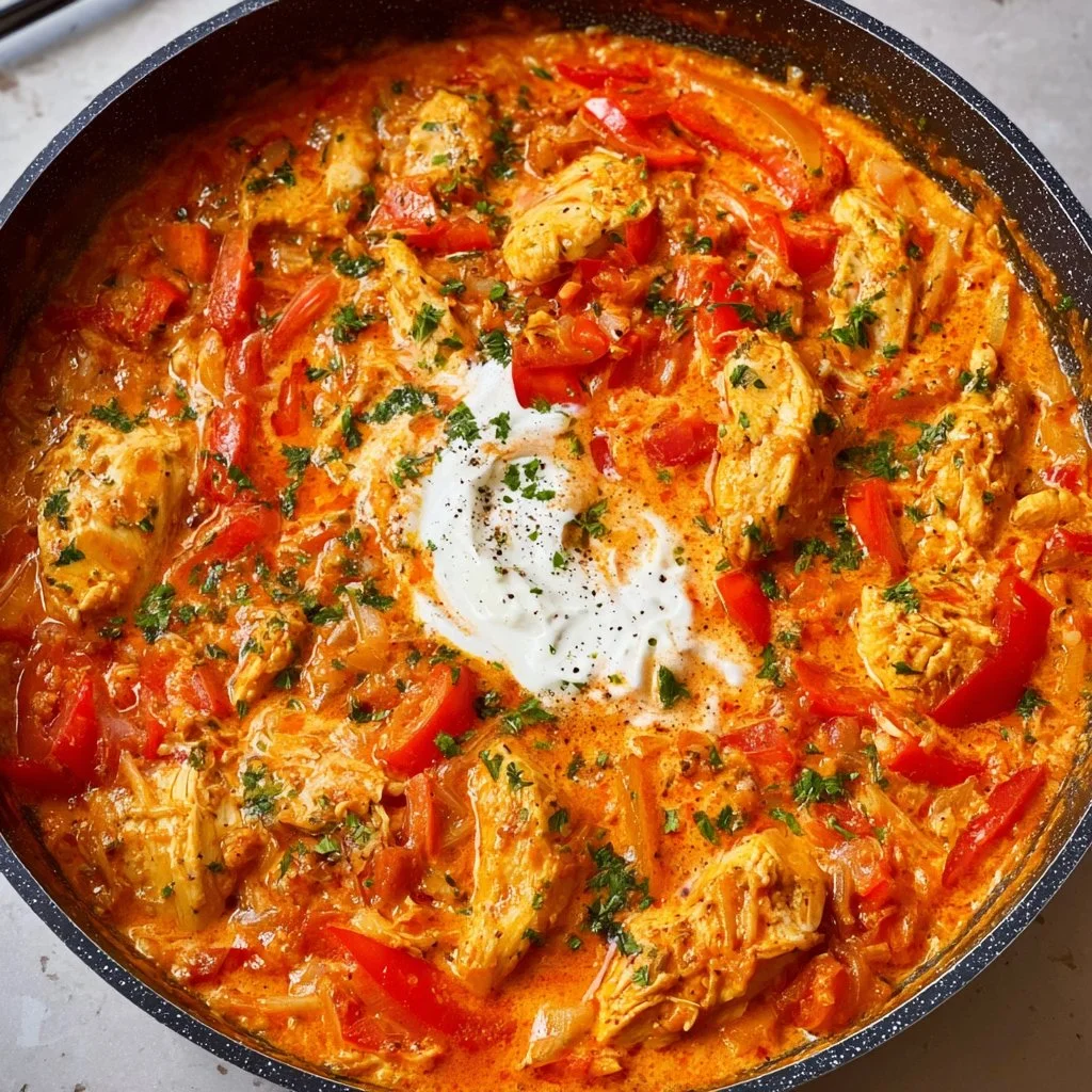 Paprika-Hähnchen-Pfanne mit Reis - cremig & lecker