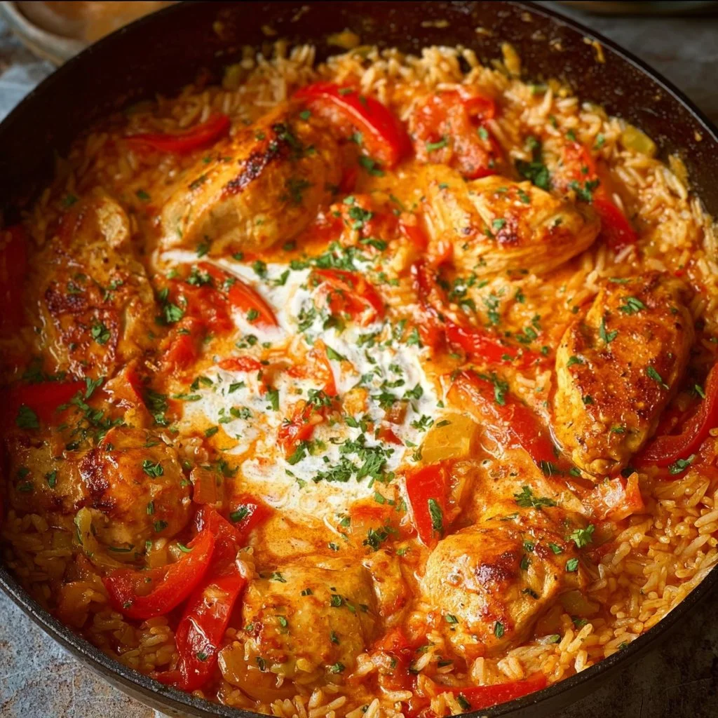 Paprika-Hähnchen-Pfanne mit Reis - cremig & lecker