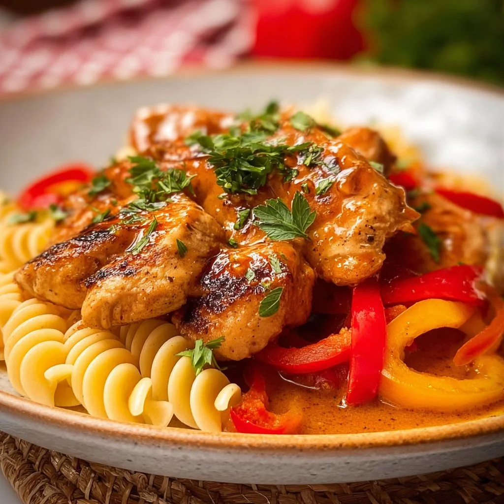 Paprika-Hähnchen in sahniger Soße serviert mit frischem Gemüse