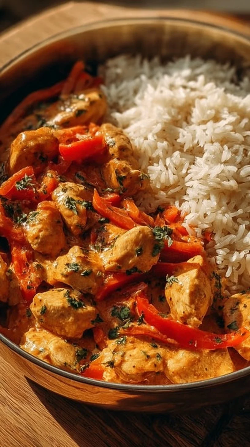 Paprika Hähnchen in sahniger Sauce serviert mit Reis auf einem Teller