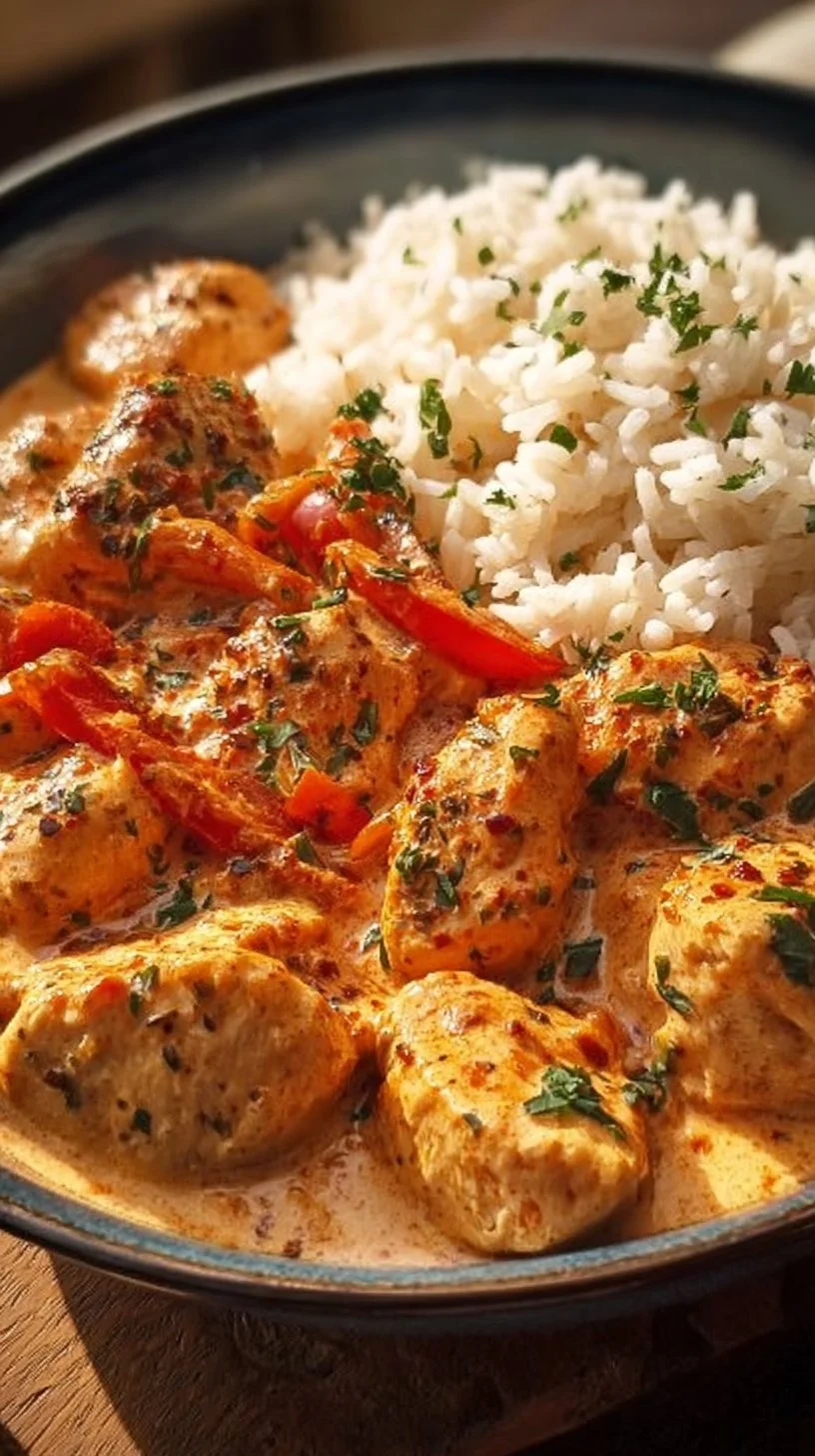 Paprika Sahne Hähnchen mit Reis