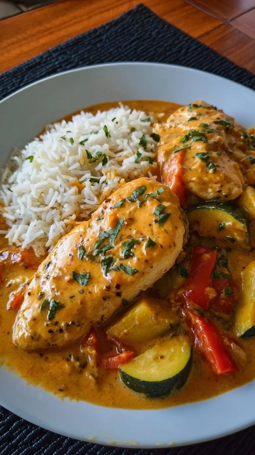 Paprika-Zucchini-Hähnchen mit Sahne in einer festlichen Anrichtung