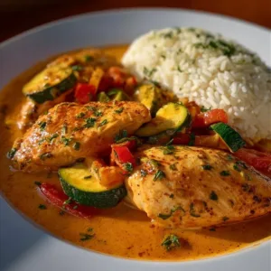 Paprika-Zucchini-Hähnchen mit Sahne in einer Pfanne zubereitet