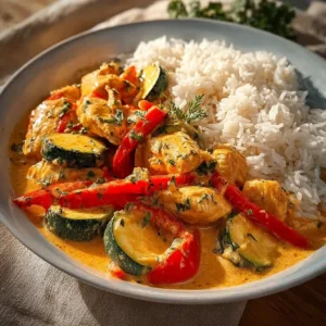 Paprika-Zucchini-Hähnchen in cremiger Sahnesauce serviert auf einem Teller