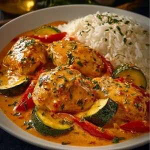 Paprika Zucchini Hähnchen Gericht in einer Pfanne zubereitet