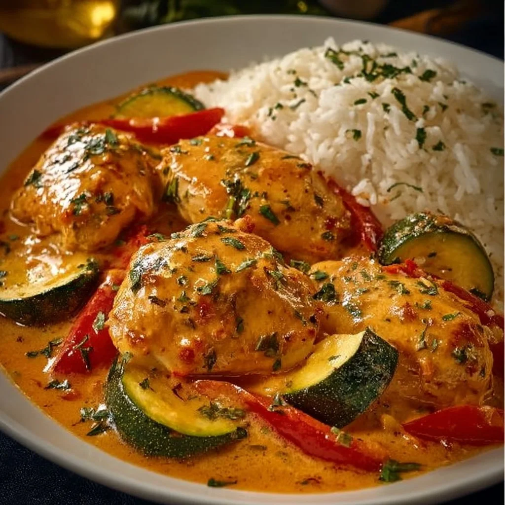 Paprika Zucchini Hähnchen Gericht in einer Pfanne zubereitet