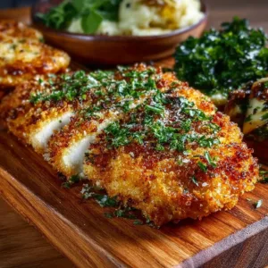 Parmesan Hähnchenbrust mit Kräuterkruste auf einem Teller serviert.