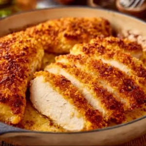 Köstliches Parmesan-Krustenhähnchen auf einem Teller, serviert mit Beilagen.