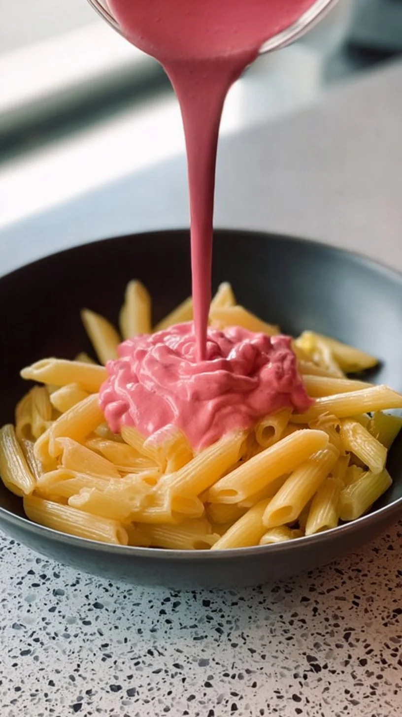 Rote Bete Feta Pasta auf einem Teller, dekoriert mit frischen Kräutern.